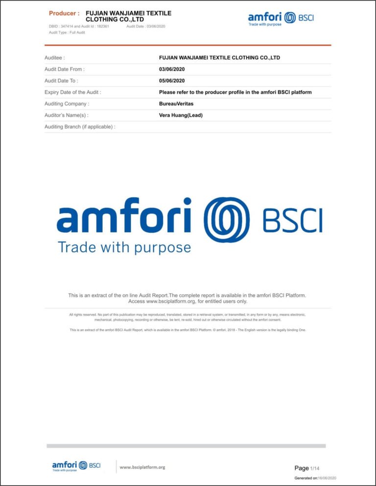 Certifcate BSCI for knitwear manufacturer